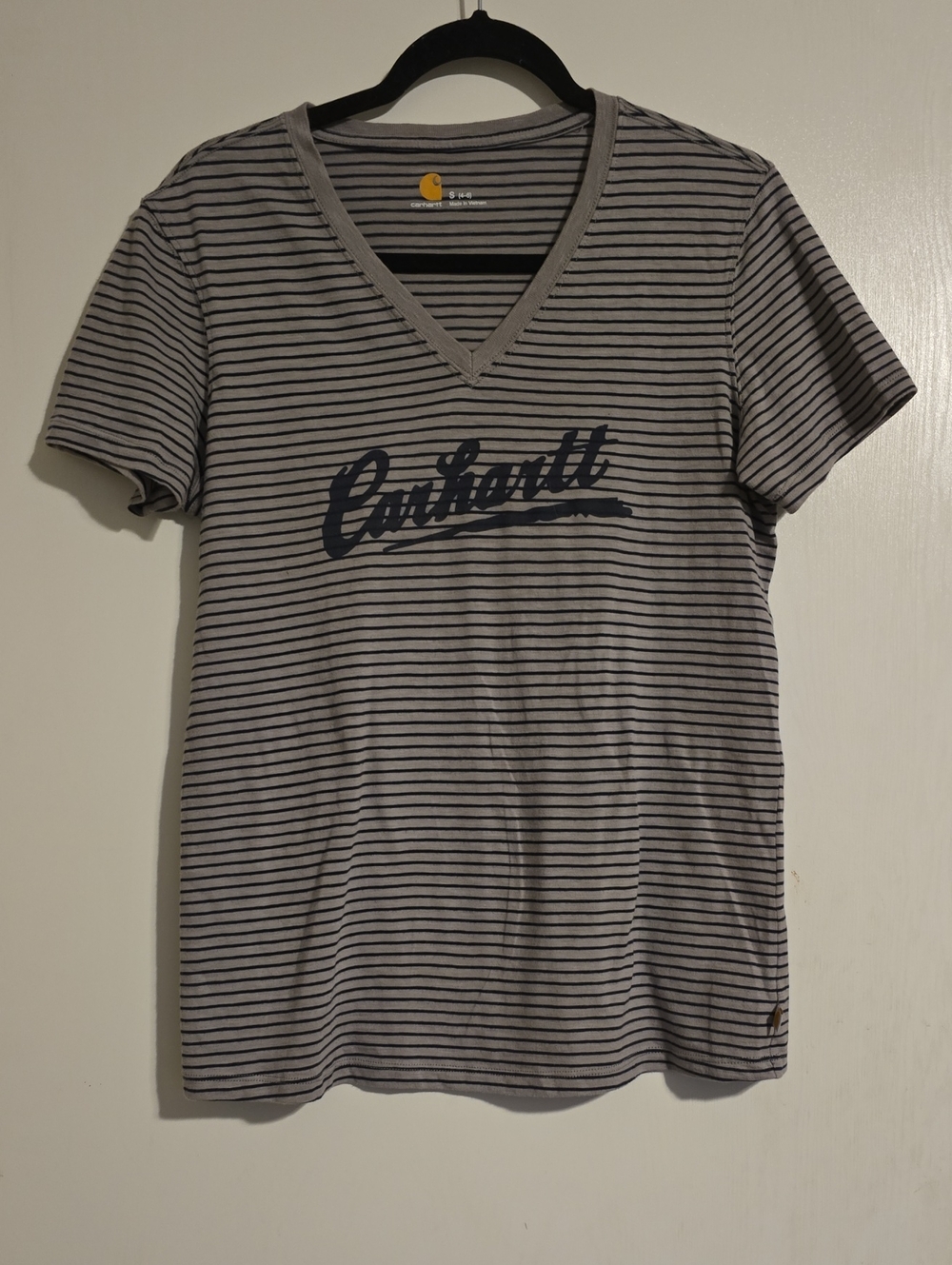 Carhartt Women's Small Gray Navy Stripe V Neck Graphic T Shirt